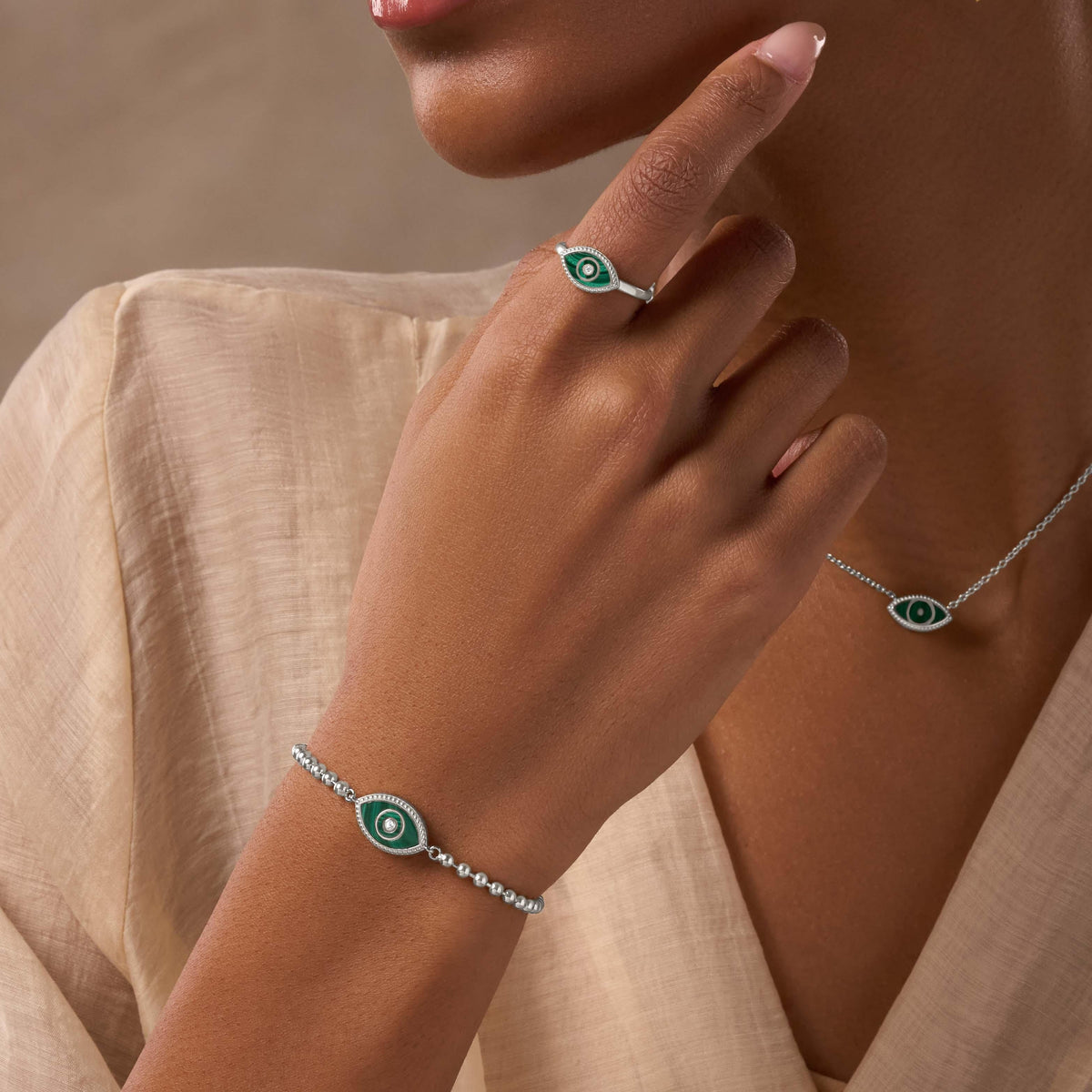 Clear Ambitions Malachite Evil Eye Ring — Size 8
