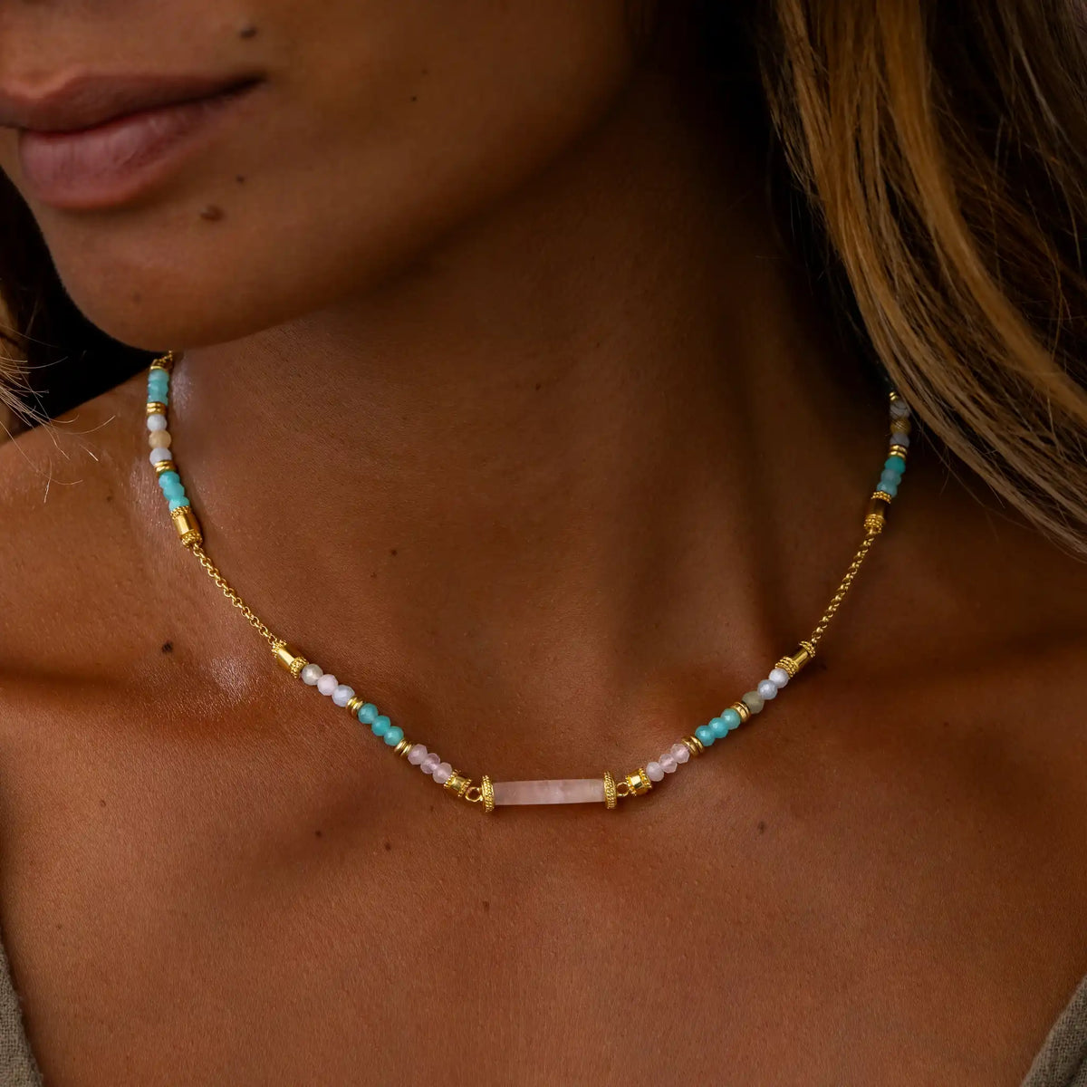 Nurturing Energy Rose Quartz Center Tube Beaded Necklace