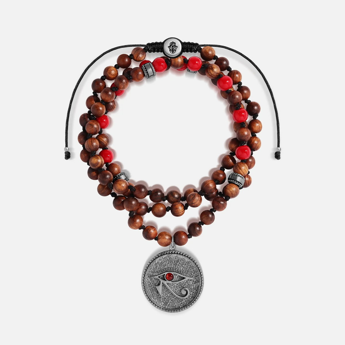 Ancestral Guard Wood & Coral Eye of Horus Charm Silver Necklace